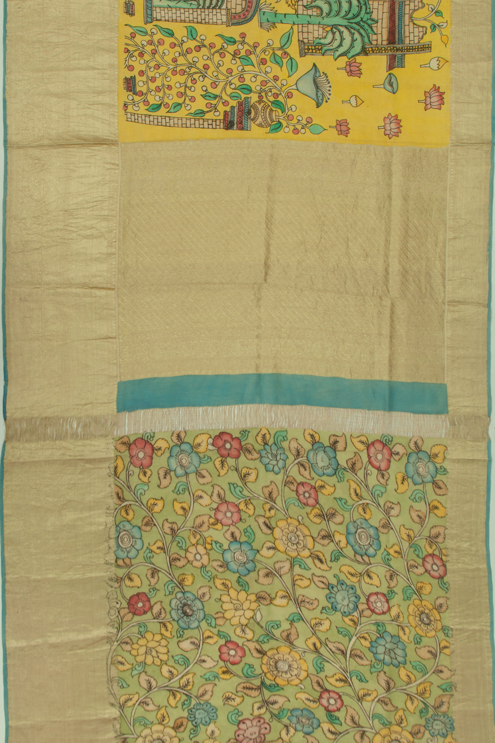 Kanchipuram Silk Kalamkari Yellow Saree