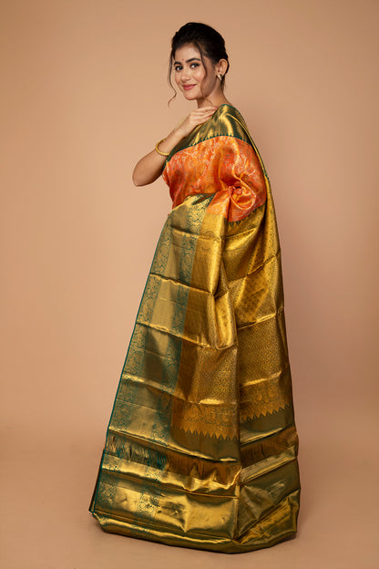 Kanchipuram Silk Tissue Jaal Orange Saree