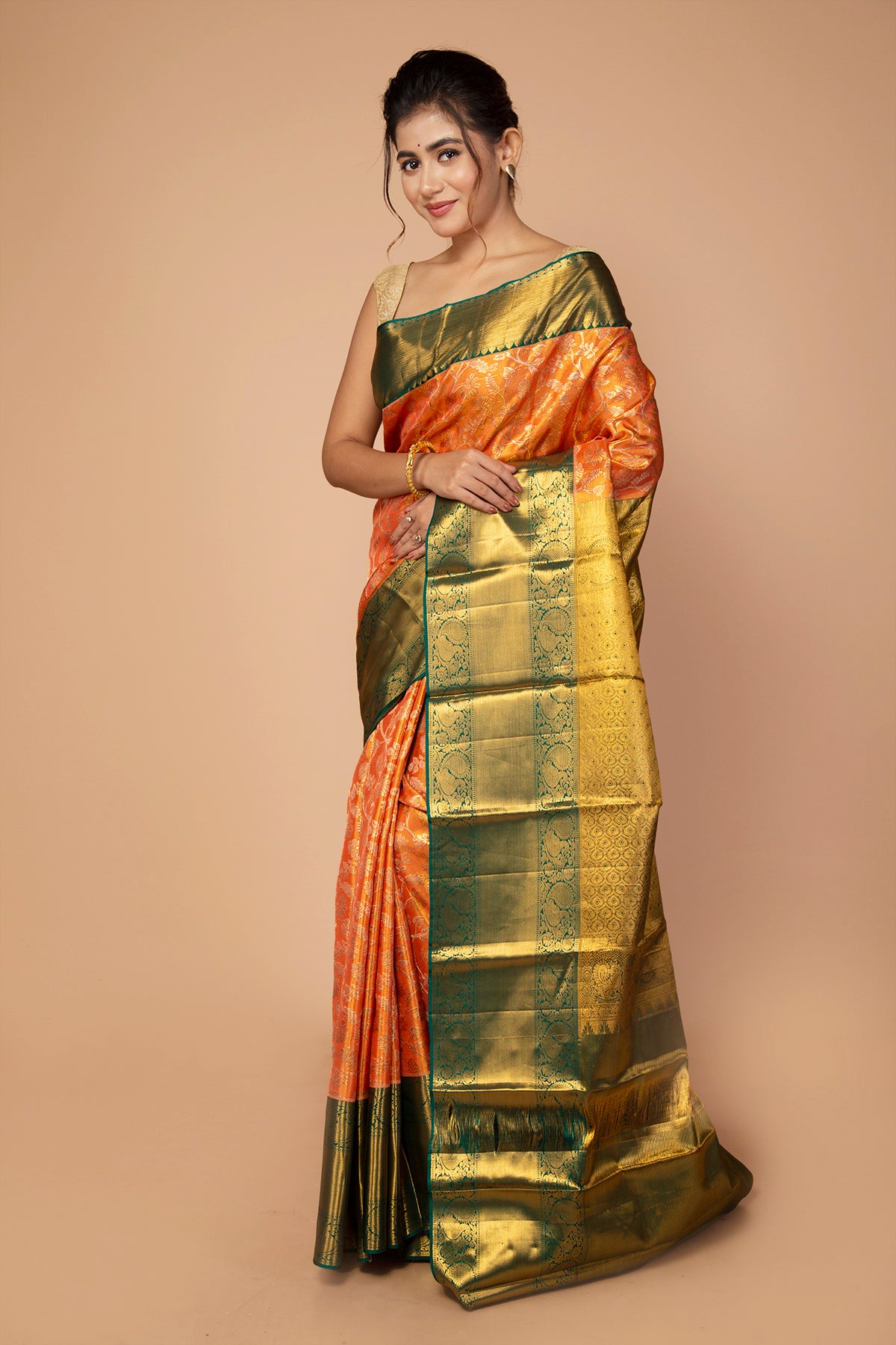 Kanchipuram Silk Tissue Jaal Orange Saree