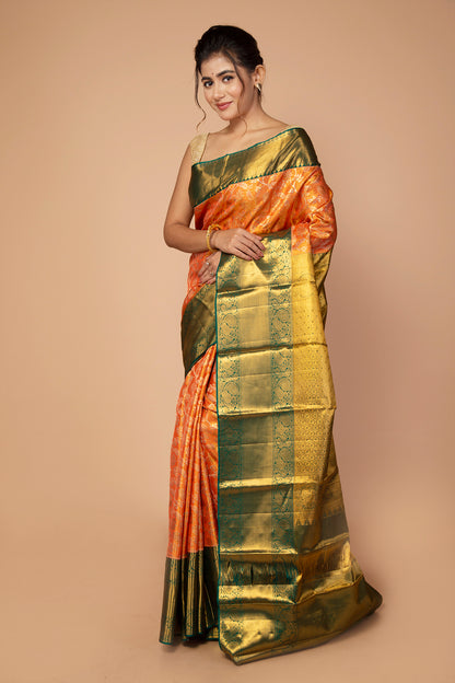 Kanchipuram Silk Tissue Jaal Orange Saree
