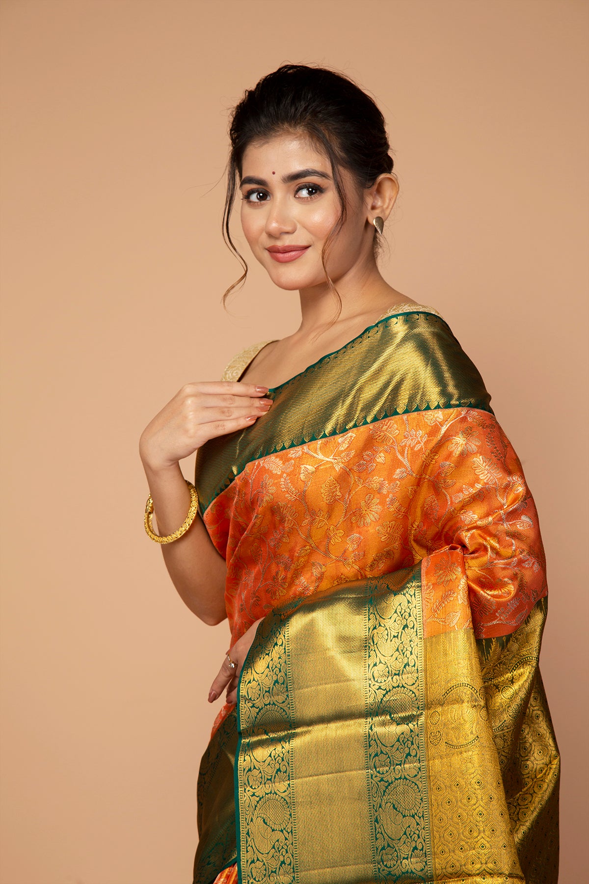 Kanchipuram Silk Tissue Jaal Orange Saree