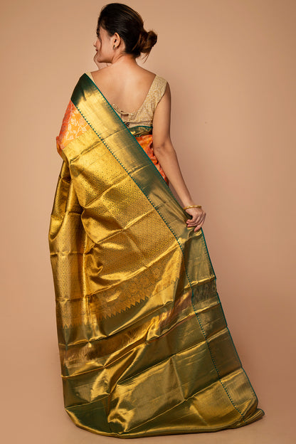 Kanchipuram Silk Tissue Jaal Orange Saree