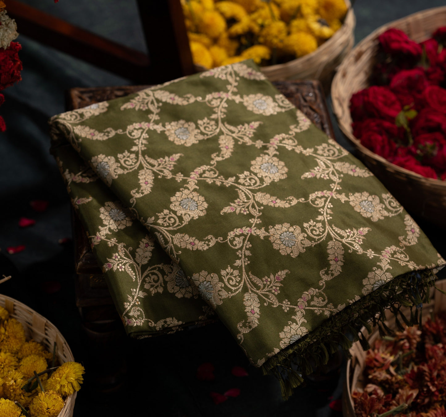 Banarasi Silk Jaal Mehendi Green saree