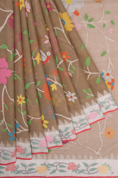 Ponduru Handspun Cotton All Over Jamdani Chiku Brown Saree