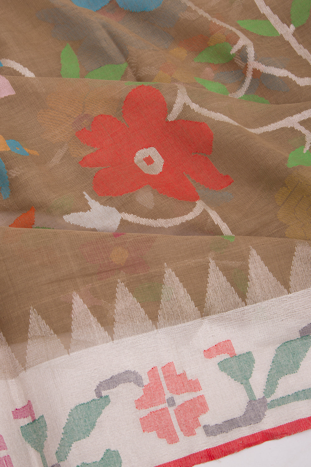Ponduru Handspun Cotton All Over Jamdani Chiku Brown Saree