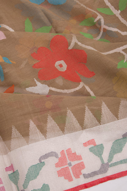 Ponduru Handspun Cotton All Over Jamdani Chiku Brown Saree
