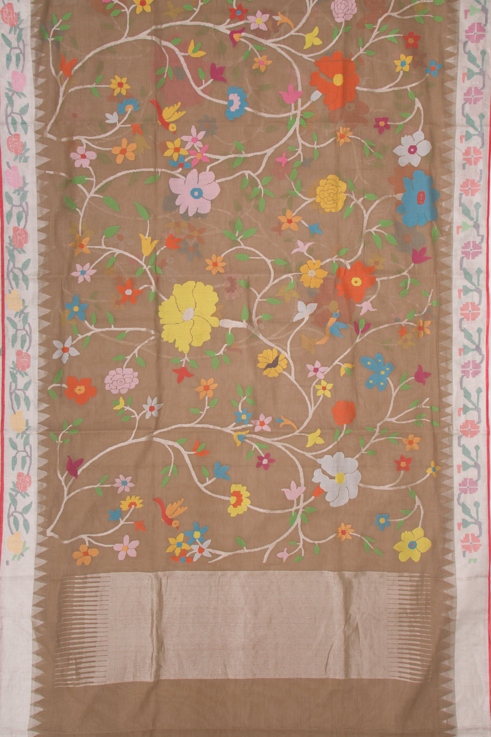 Ponduru Handspun Cotton All Over Jamdani Chiku Brown Saree