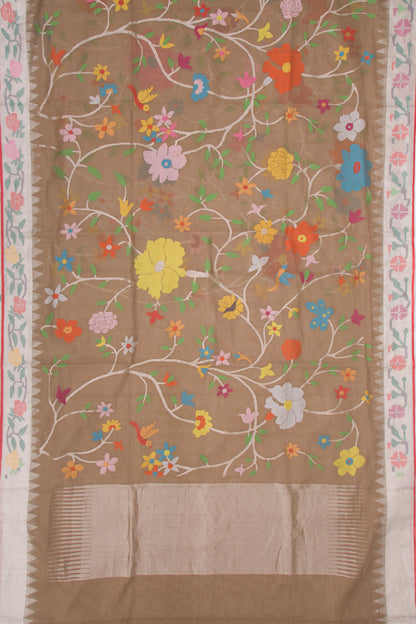Ponduru Handspun Cotton All Over Jamdani Chiku Brown Saree