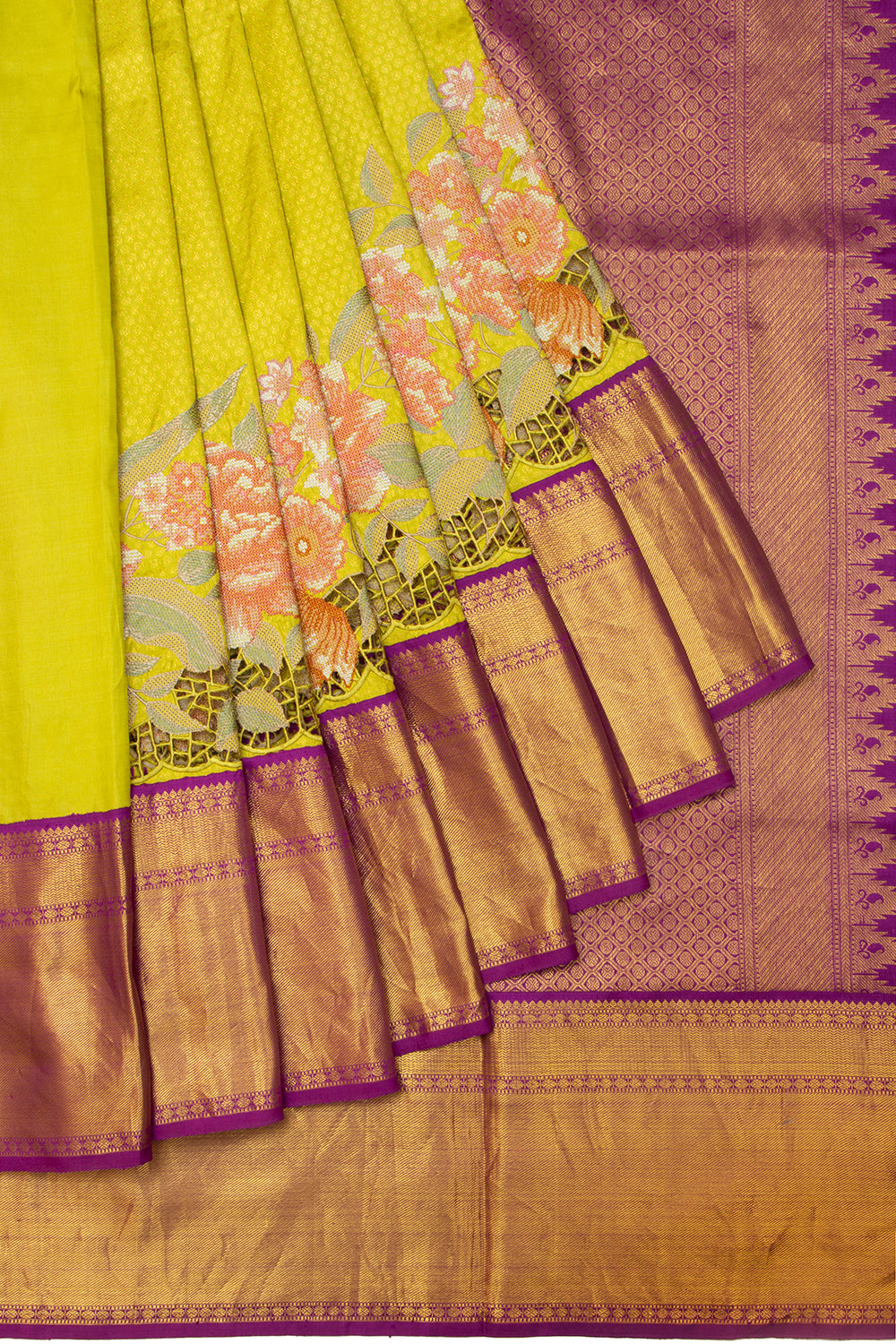 Kanchipuram Silk Brocade Green Saree With Cut Work