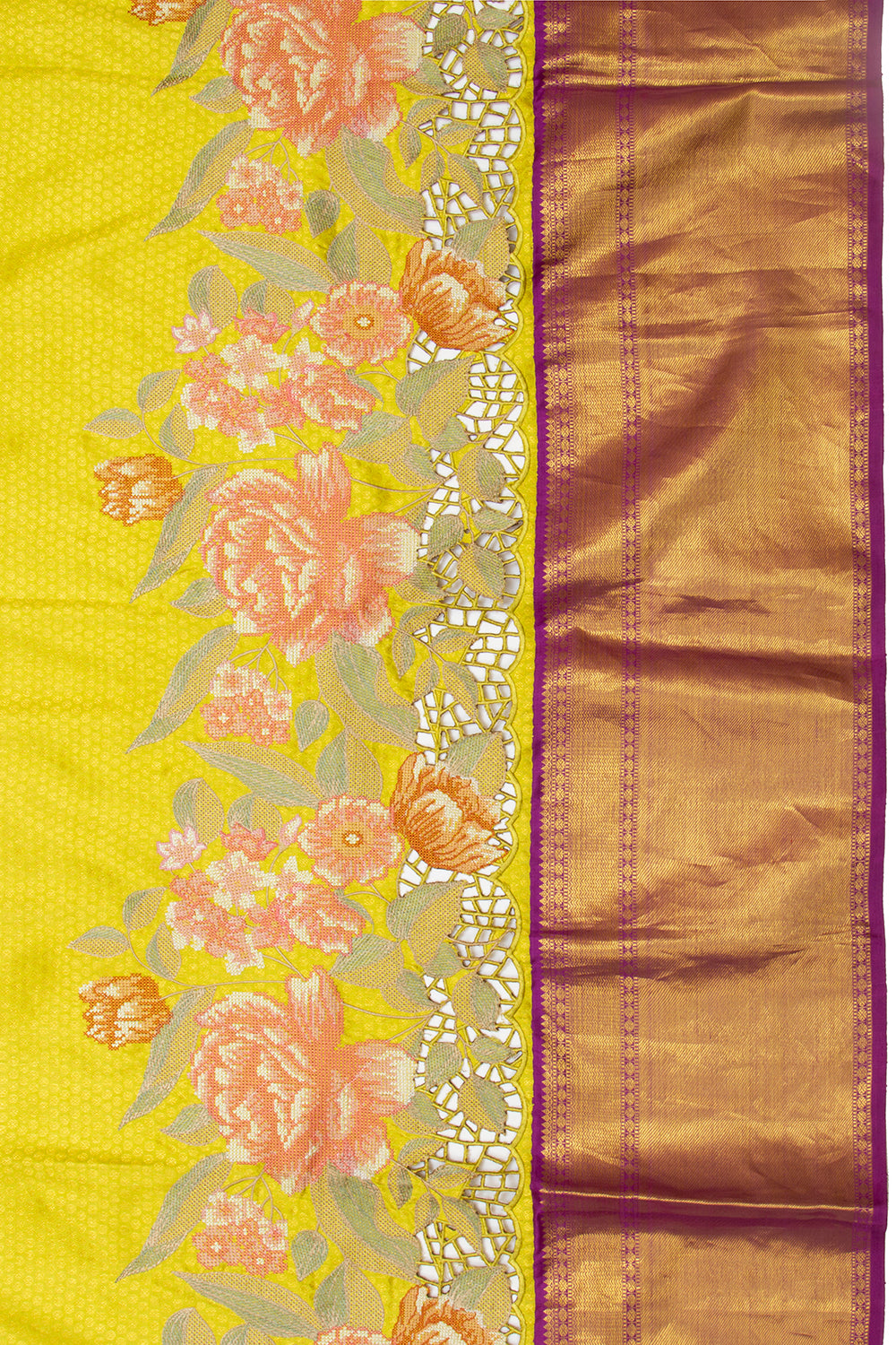 Kanchipuram Silk Brocade Green Saree With Cut Work