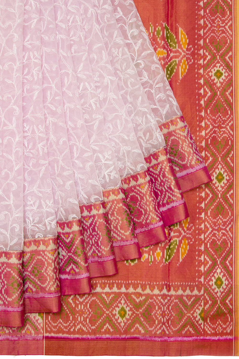 Lucknow Chikankari Organza White Saree With Rajkot Ikat Border