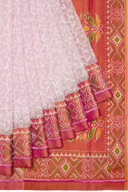 Lucknow Chikankari Organza White Saree With Rajkot Ikat Border