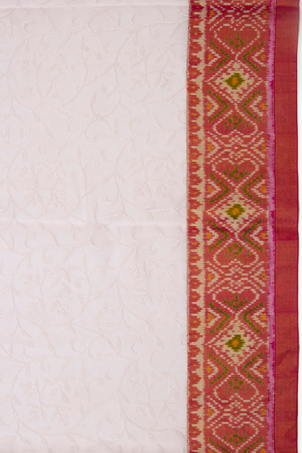 Lucknow Chikankari Organza White Saree With Rajkot Ikat Border