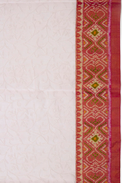 Lucknow Chikankari Organza White Saree With Rajkot Ikat Border