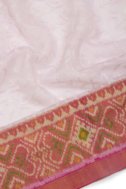 Lucknow Chikankari Organza White Saree With Rajkot Ikat Border