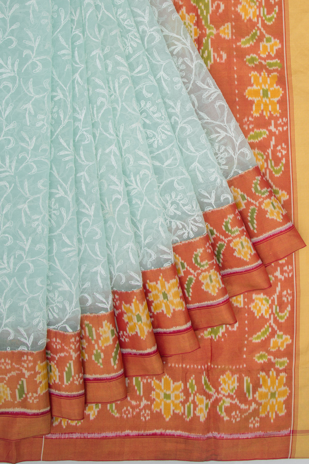 Lucknow Chikankari Organza Blue Saree With Rajkot Ikat Border