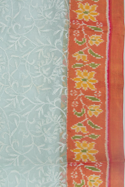 Lucknow Chikankari Organza Blue Saree With Rajkot Ikat Border