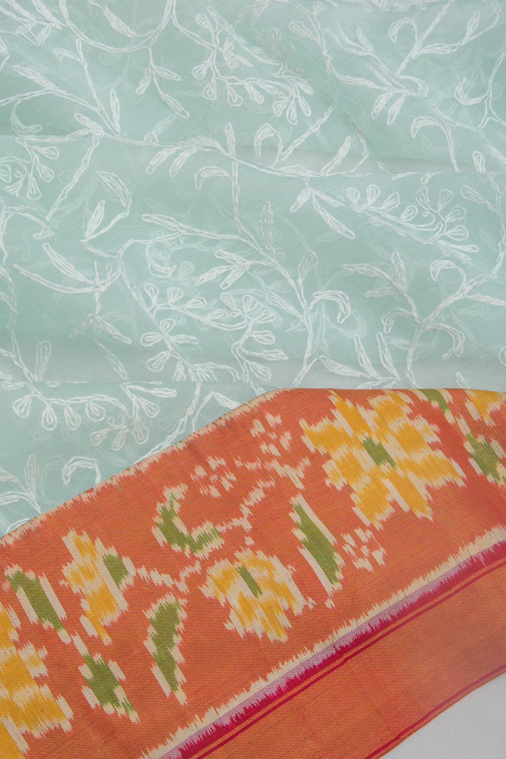 Lucknow Chikankari Organza Blue Saree With Rajkot Ikat Border