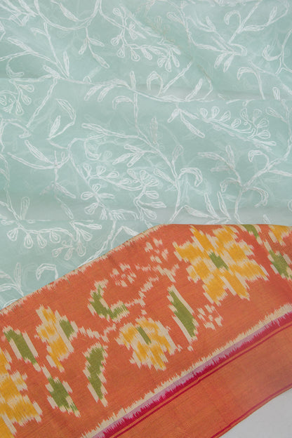 Lucknow Chikankari Organza Blue Saree With Rajkot Ikat Border