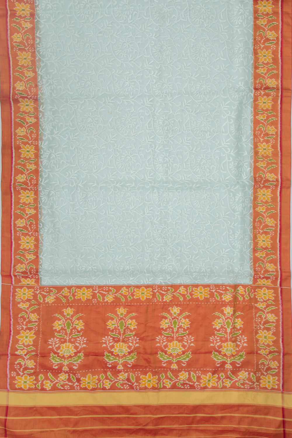 Lucknow Chikankari Organza Blue Saree With Rajkot Ikat Border