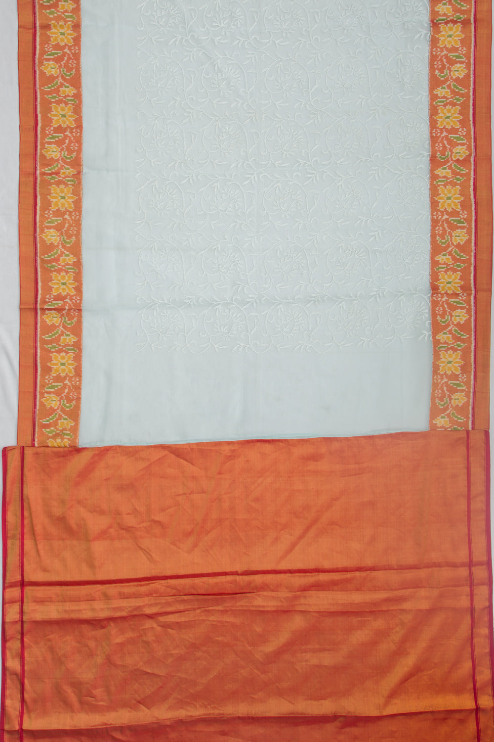 Lucknow Chikankari Organza Blue Saree With Rajkot Ikat Border