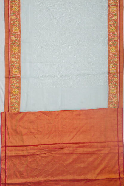 Lucknow Chikankari Organza Blue Saree With Rajkot Ikat Border
