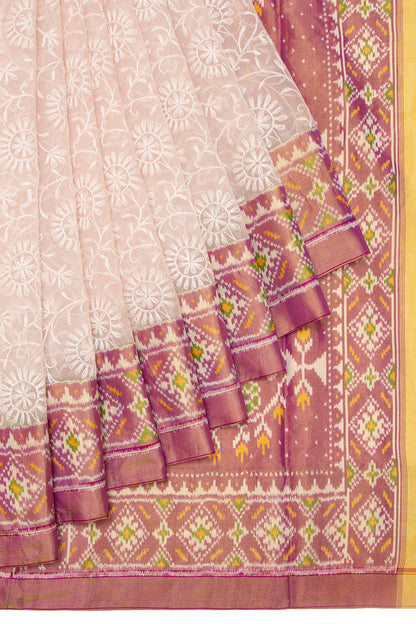 Lucknow Chikankari Organza Off-White Saree With Rajkot Tissue Ikat Border