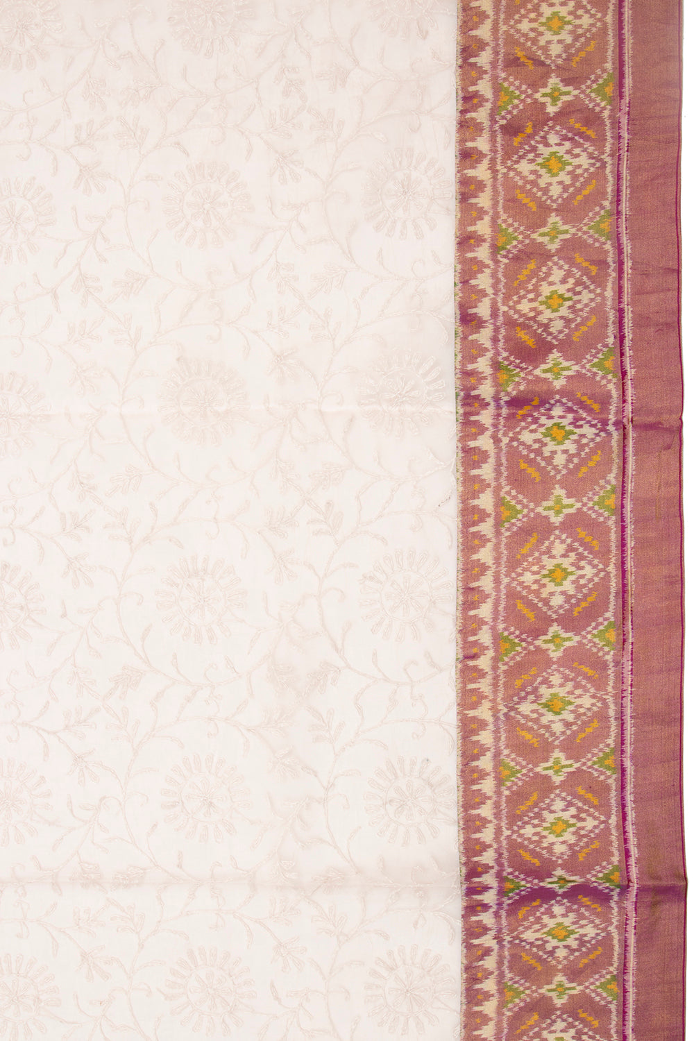 Lucknow Chikankari Organza Off-White Saree With Rajkot Tissue Ikat Border