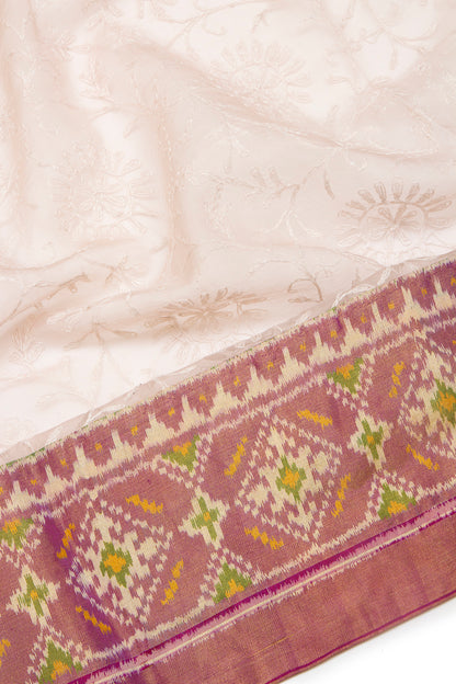 Lucknow Chikankari Organza Off-White Saree With Rajkot Tissue Ikat Border