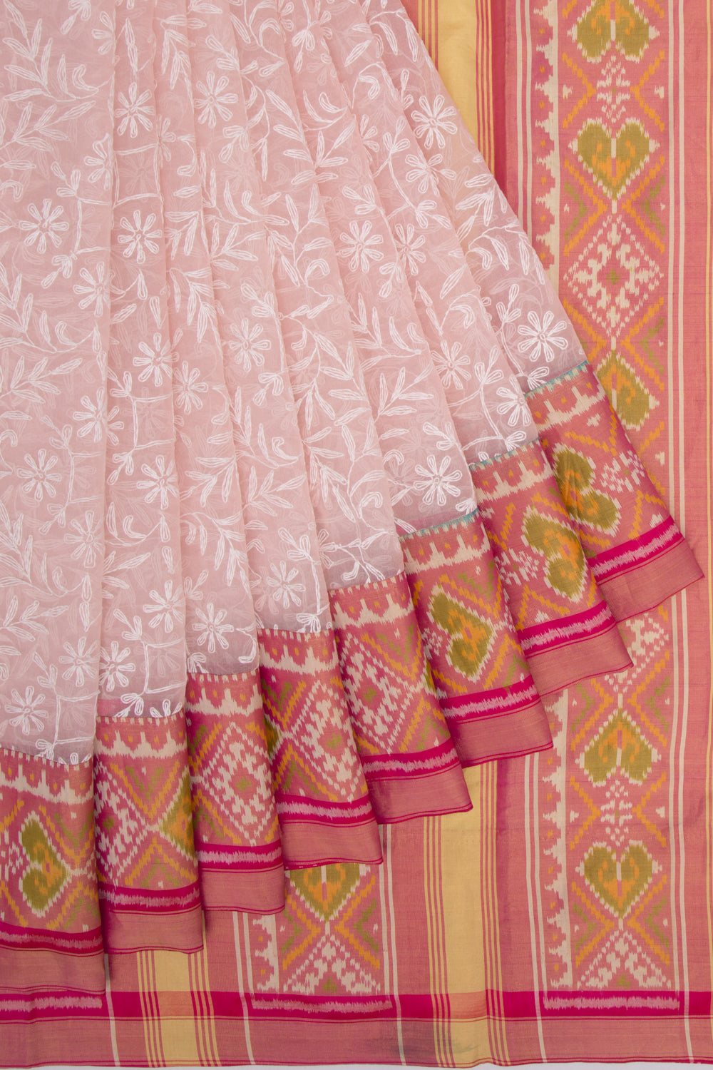 Lucknow Chikankari Organza Pink Saree With Rajkot Ikat Border