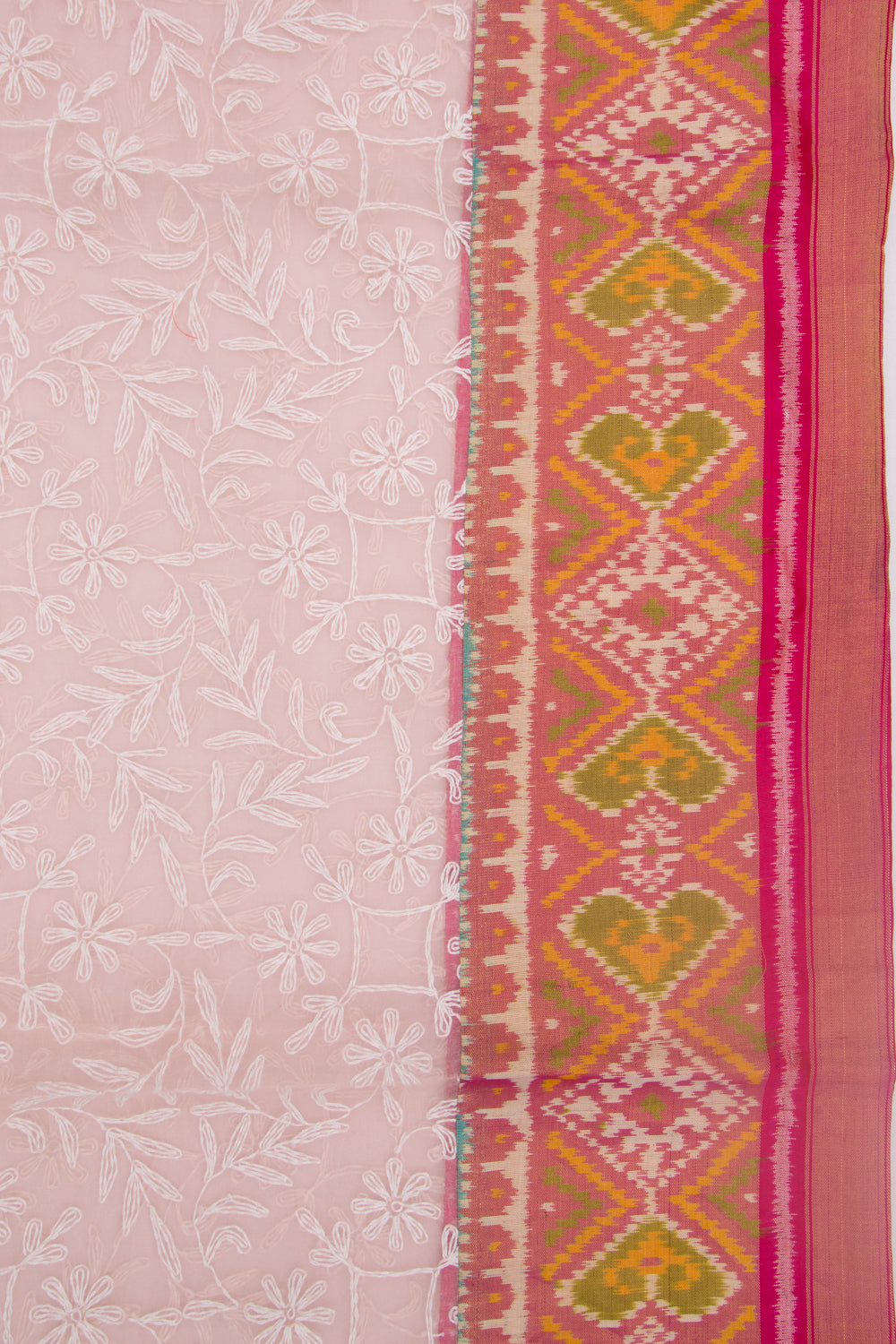 Lucknow Chikankari Organza Pink Saree With Rajkot Ikat Border