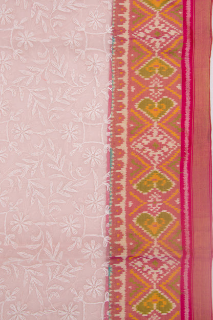 Lucknow Chikankari Organza Pink Saree With Rajkot Ikat Border