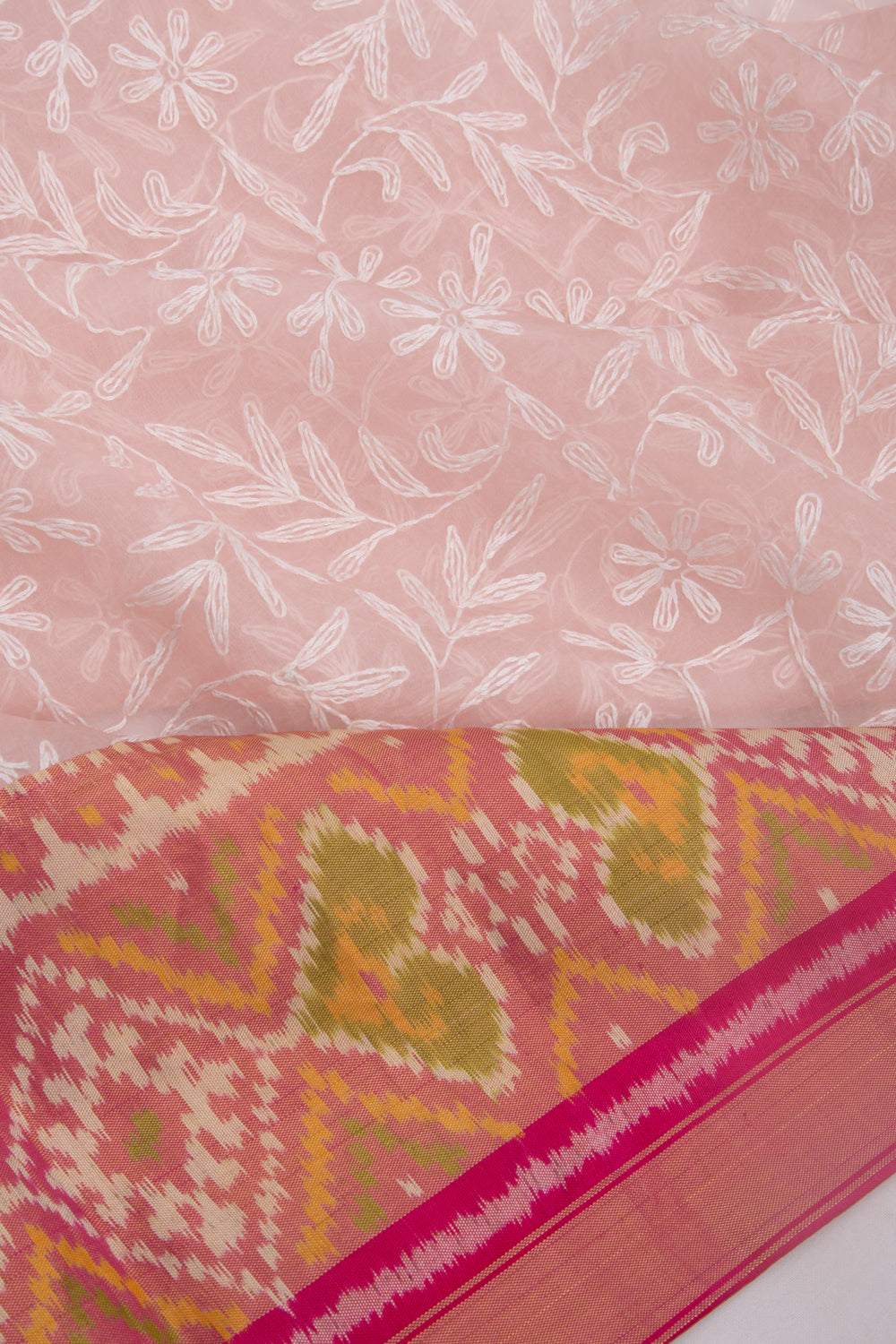Lucknow Chikankari Organza Pink Saree With Rajkot Ikat Border