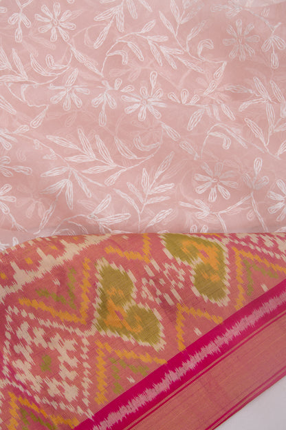 Lucknow Chikankari Organza Pink Saree With Rajkot Ikat Border