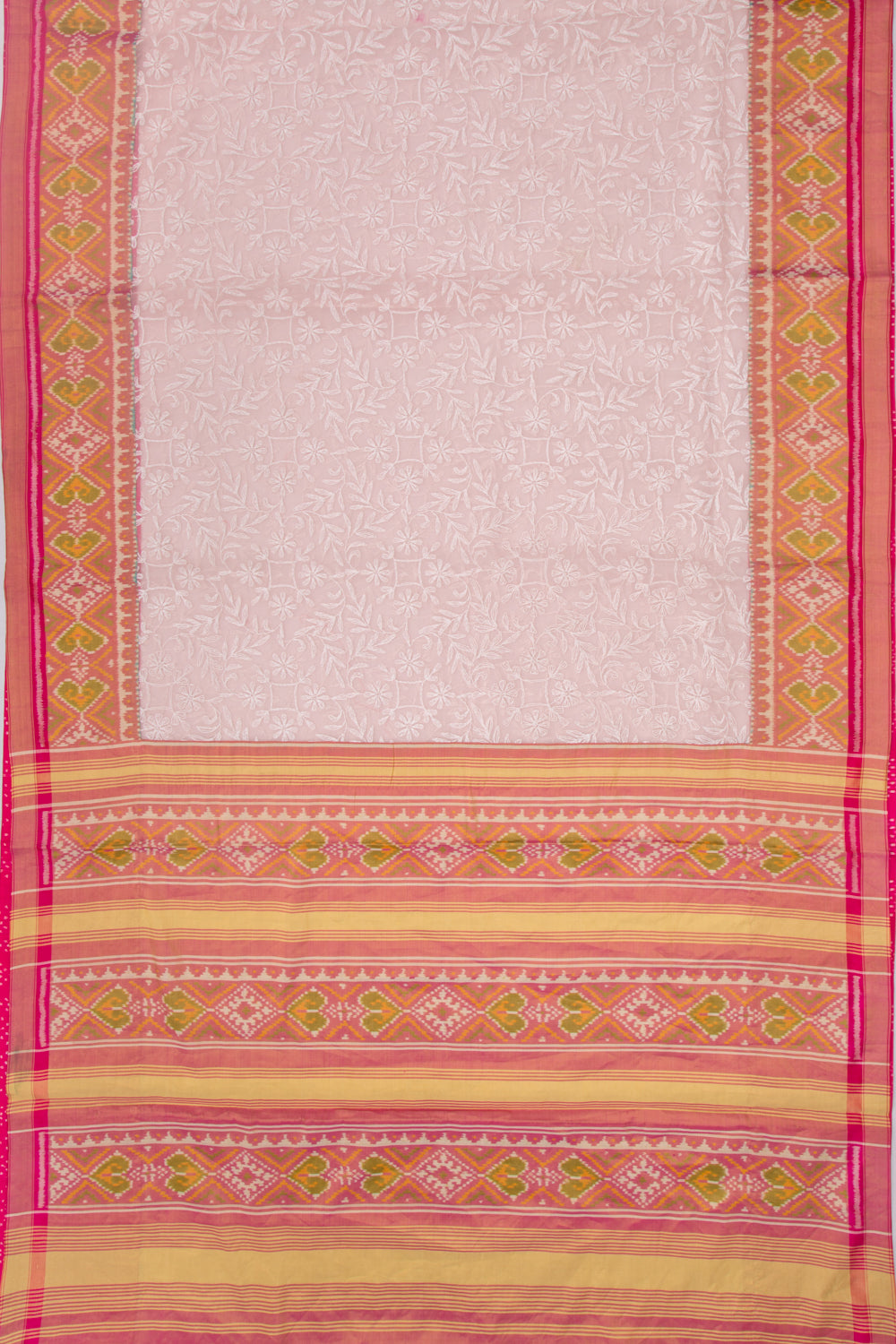 Lucknow Chikankari Organza Pink Saree With Rajkot Ikat Border