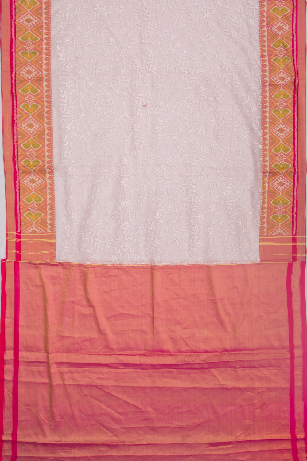 Lucknow Chikankari Organza Pink Saree With Rajkot Ikat Border