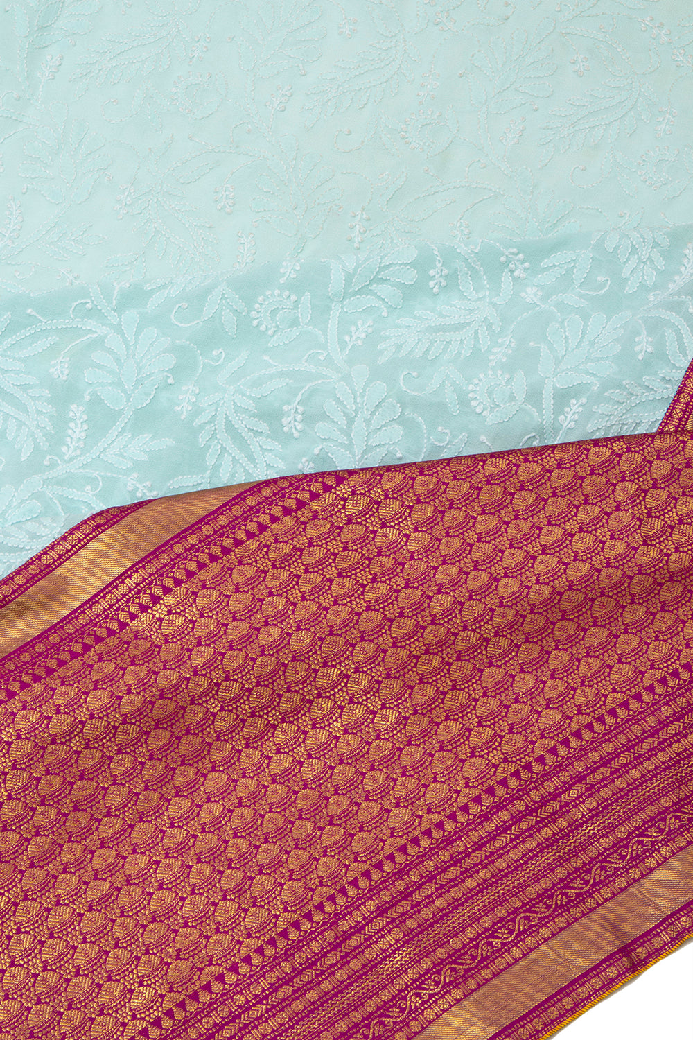Lucknow Chikankari Georgette Aqua Blue Saree With Attached Kanchipuram Border And Pallu