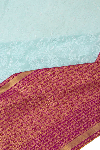 Lucknow Chikankari Georgette Aqua Blue Saree With Attached Kanchipuram Border And Pallu