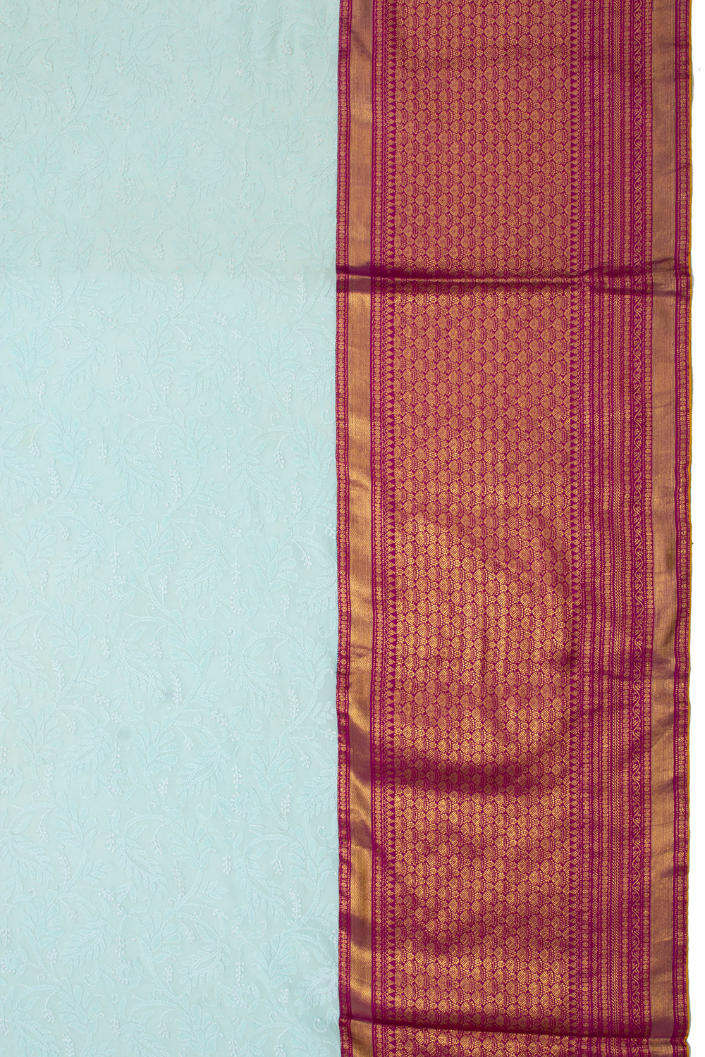 Lucknow Chikankari Georgette Aqua Blue Saree With Attached Kanchipuram Border And Pallu