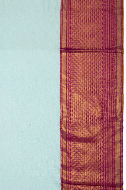 Lucknow Chikankari Georgette Aqua Blue Saree With Attached Kanchipuram Border And Pallu
