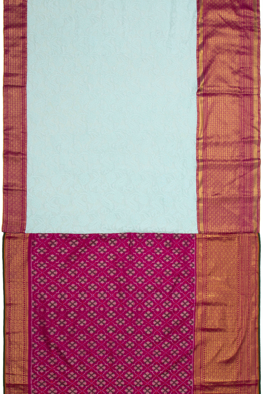 Lucknow Chikankari Georgette Aqua Blue Saree With Attached Kanchipuram Border And Pallu