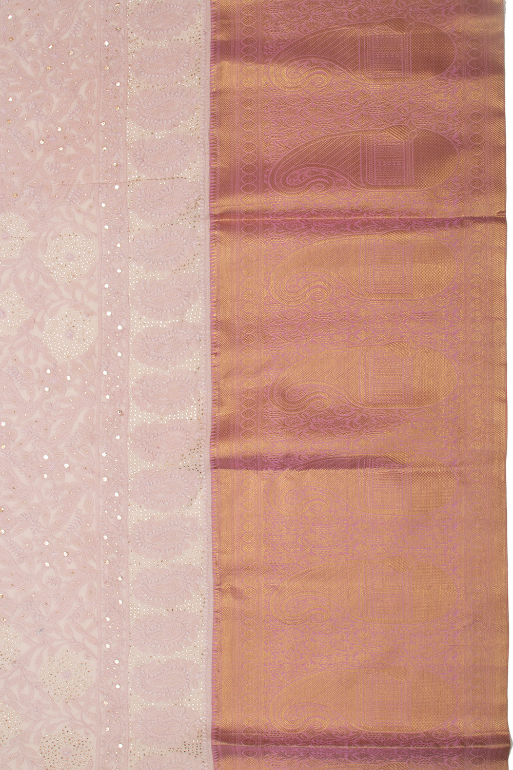 Lucknow Chikankari Georgette Baby Pink Saree With Kanchi Border