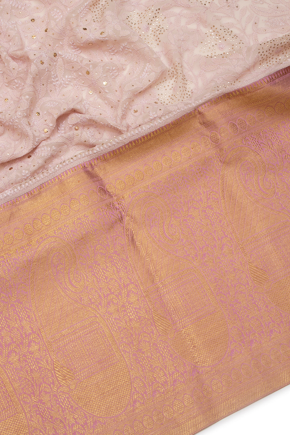 Lucknow Chikankari Georgette Baby Pink Saree With Kanchi Border