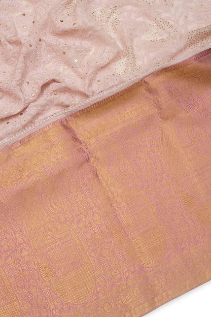 Lucknow Chikankari Georgette Baby Pink Saree With Kanchi Border