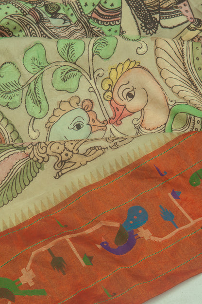 Gadwal Paithani Silk Kalamkari Green Saree