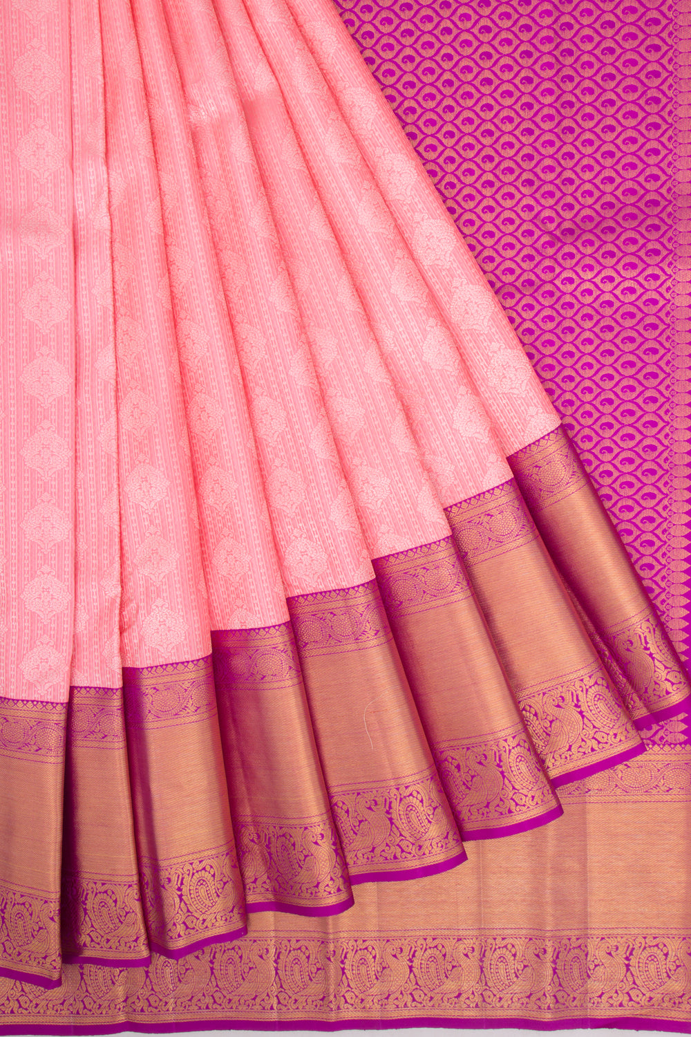 Kanchipuram Silk Vertical Lines And Butta Pink Saree
