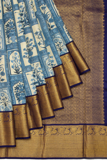Kanchipuram Silk Floral Hand Printed Cream Saree