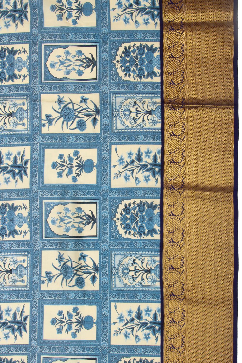 Kanchipuram Silk Floral Hand Printed Cream Saree