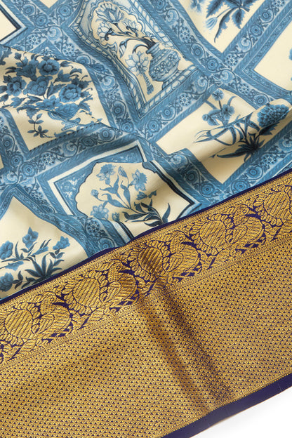 Kanchipuram Silk Floral Hand Printed Cream Saree