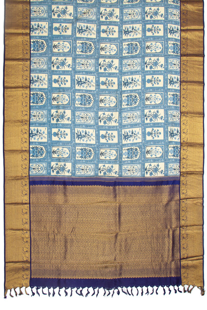 Kanchipuram Silk Floral Hand Printed Cream Saree